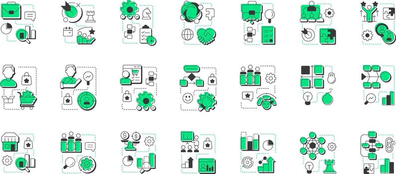 Gap analysis modern linear concept icons bundle. Difference between current and desired performance. Organization. Flat outline elements connected with dotted lines. Creative mega set. Easy to edit vector