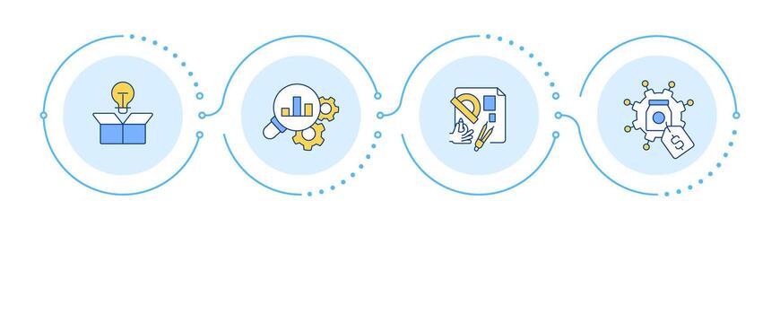 Product development infographic 4 steps. Statistical metrics, innovation. Testing, planning. Flow chart infochart. Editable info graphics icons vector