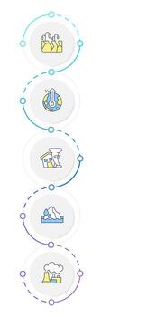 Global warming infographic design template. Climate change. Heatwaves, storms. Sea level. Data visualization 5 options. Process vertical flow chart vector