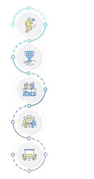 Team leadership infographic design template. Goal focus, communication. Problem solving. Data visualization 5 options. Process vertical flow chart vector
