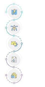 Selling strategy infographic design template. Marketing research. Logistics organization. Data visualization 5 options. Process vertical flow chart vector