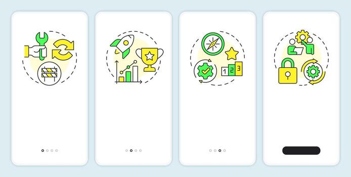 Kotter change management model onboarding mobile app screen. Organization. Walkthrough 4 steps editable graphic instructions with linear concepts. UI, UX, GUI vector