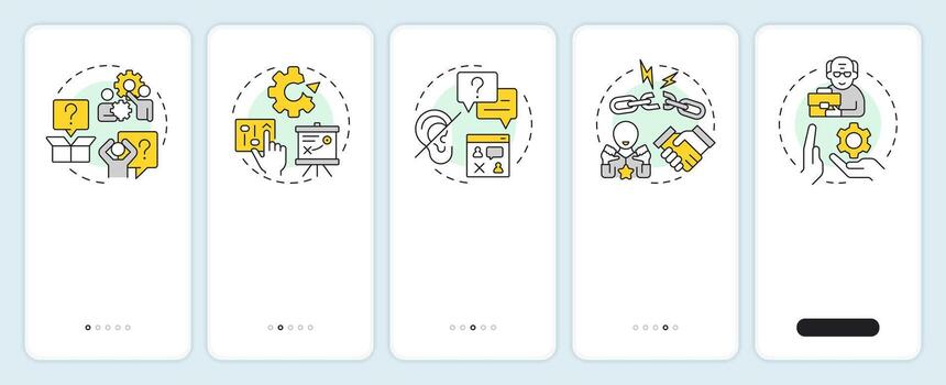 Barriers to change onboarding mobile app screen. Resistance to innovations. Walkthrough 5 steps editable graphic instructions with linear concepts. UI, UX, GUI vector