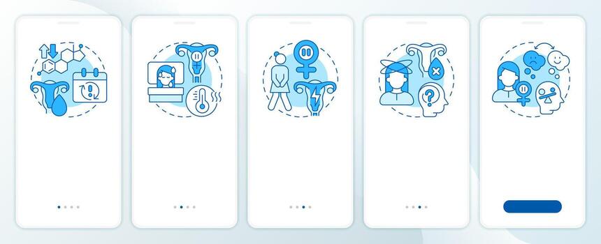 Symptoms of menopause blue onboarding mobile app screen. Gynecology. Walkthrough 5 steps editable graphic instructions with linear concepts. UI, UX, GUI vector
