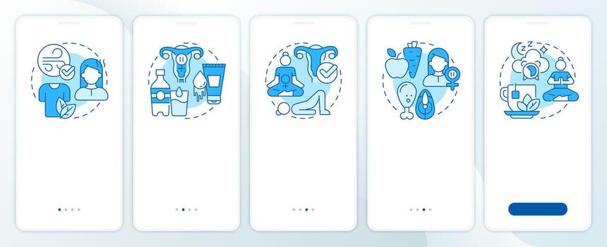 Menopause prevention blue onboarding mobile app screen. Age changes. Walkthrough 5 steps editable graphic instructions with linear concepts. UI, UX, GUI vector