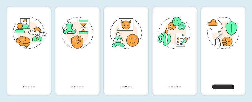 Emotional and self regulation skills onboarding mobile app screen. Walkthrough 5 steps editable graphic instructions with linear concepts. UI, UX, GUI vector