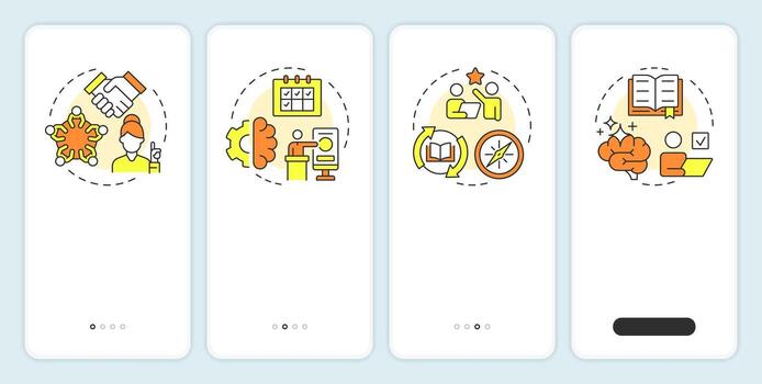 Strategies to improve life skills onboarding mobile app screen. Walkthrough 4 steps editable graphic instructions with linear concepts. UI, UX, GUI vector