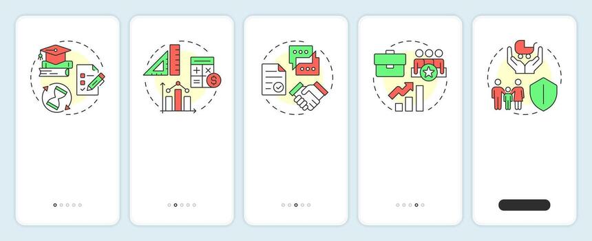 Life skills onboarding mobile app screen. Self management improvement. Walkthrough 5 steps editable graphic instructions with linear concepts. UI, UX, GUI vector