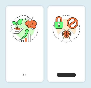 Self management skills onboarding mobile app screen. Mindset improvement. Walkthrough 2 steps editable graphic instructions with linear concepts. UI, UX, GUI vector