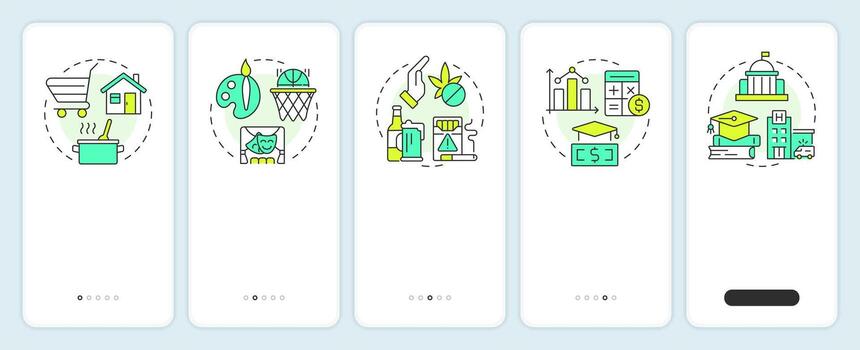 Life competencies onboarding mobile app screen. Soft skills development. Walkthrough 5 steps editable graphic instructions with linear concepts. UI, UX, GUI vector
