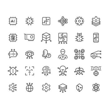 Artificial intelligence line ui icons set. Data processing, management. Cloud infrastructure. Isolated outline symbols iconography. User interface elements linear, pixel perfect vector