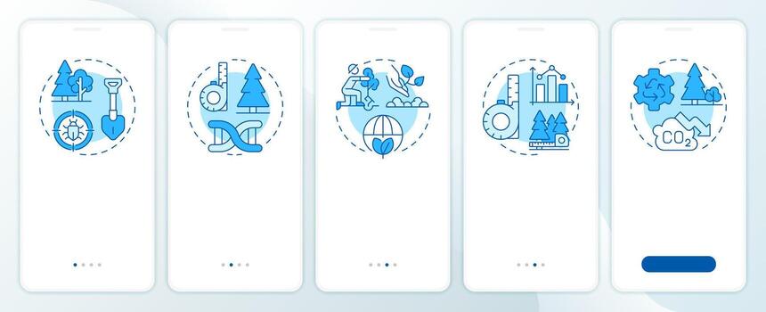 Reforestation methods blue onboarding mobile app screen. Walkthrough 5 steps editable graphic instructions with linear concepts. UI, UX, GUI vector