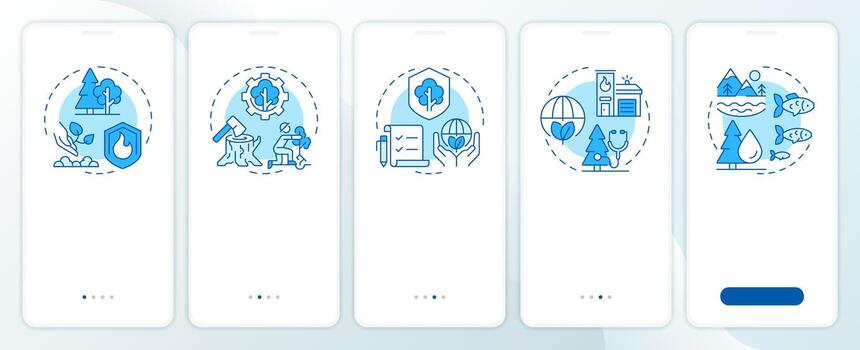 Forest policy blue onboarding mobile app screen. Watershed management. Walkthrough 5 steps editable graphic instructions with linear concepts. UI, UX, GUI vector