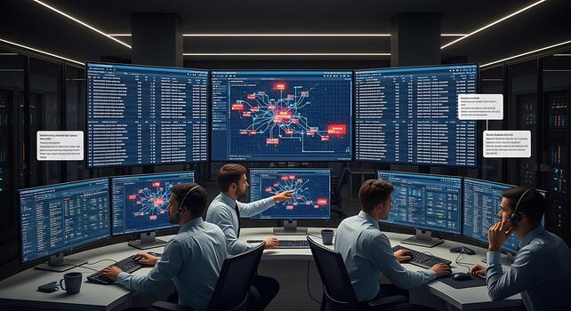 IT Specialists Monitoring Network Security and Data Analysis in Dark Data Center photo