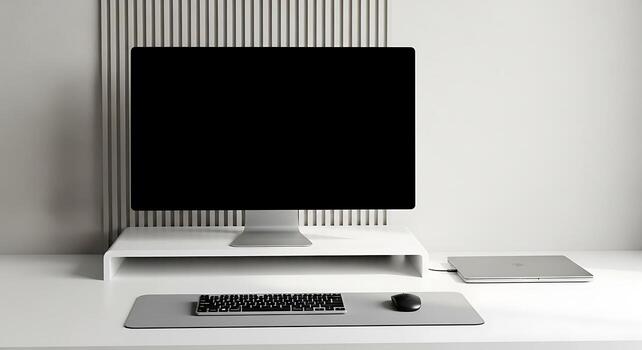 Minimalist Workspace with Computer Laptop Keyboard and Mouse Modern Office Setup photo