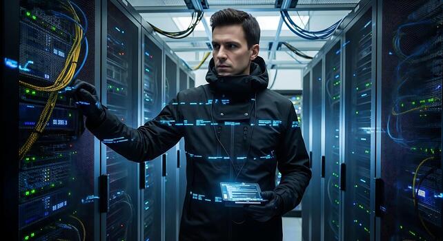 IT Technician in Data Center with Digital Tablet Cybersecurity and Technology Concept photo