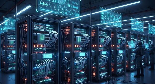 Modern Data Center Server Racks and Technicians Monitoring Network Activity photo