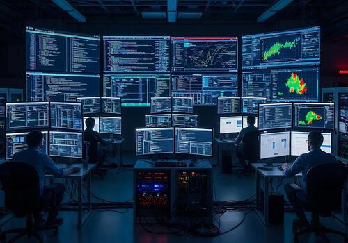 Data Center with Multiple Screens and Programmers photo