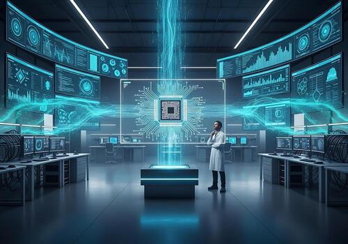Scientist Observes Futuristic Holographic Microchip and Data Streams in Server Room photo