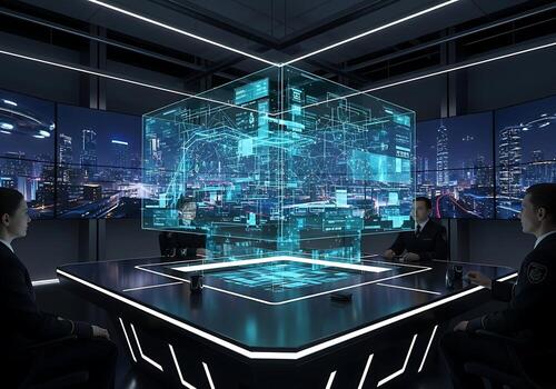 Futuristic Command Center with Holographic Data Display and Team photo