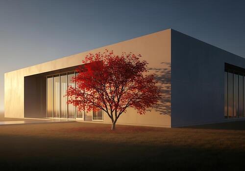Modern Architectural Building with Vibrant Red Maple Tree in Autumn Sunlight photo