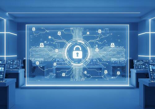 Futuristic Cyber Security Center with Glowing Digital Padlock and Network Connection Graphics photo