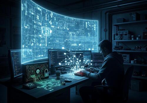 la seguridad cibernética experto analizando datos en futurista holográfico monitor en alto tecnología laboratorio foto