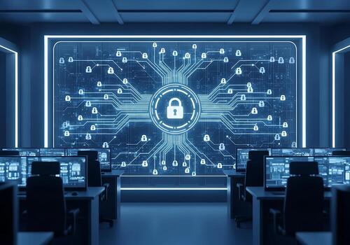 Digital Security System Futuristic Data Center with Glowing Circuit Board and Lock Icons on Large Screen Cyber Security Concept photo