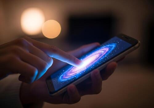 Close up of a hand holding a smartphone displaying a vibrant galaxy image with a finger touching the screen symbolizing digital exploration and cosmic connection photo