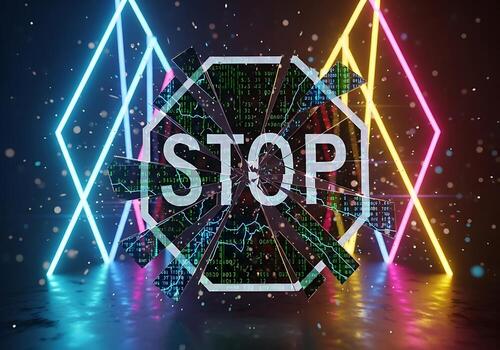 Shattered Stop Sign with Binary Code Background and Neon Lights Cybersecurity Concept photo