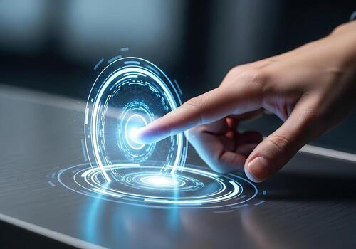 Hand Touching Futuristic Digital Interface Button with Glowing Blue Holographic UI Elements On A Table Technology Concept Of Future Interaction And Innovation photo