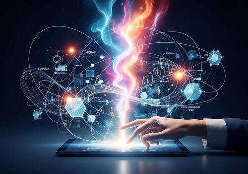 Futuristic Digital Transformation Hand Interacting with Global Data Network Capital Flow Visualization on Tablet photo