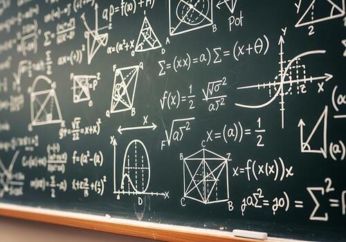 Advanced Mathematics Equations and Geometric Diagrams on a Chalkboard Abstract Study and Science Background photo