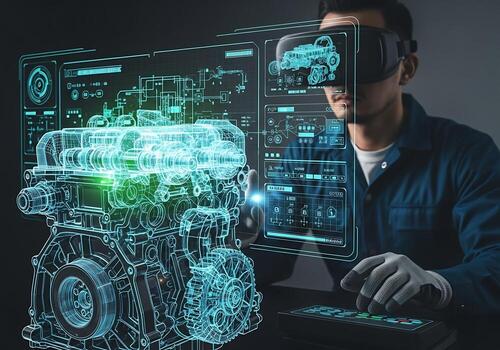 Engineer Uses VR Headset to Interact with Holographic Engine Blueprint and Data Interface photo