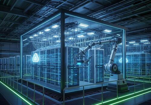 Automated Robotic Arm Servicing Advanced Server Racks in a Futuristic Data Center with Cloud Icon photo
