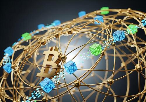 Global Bitcoin Network Blockchain Cubes Connected on Golden Globe photo