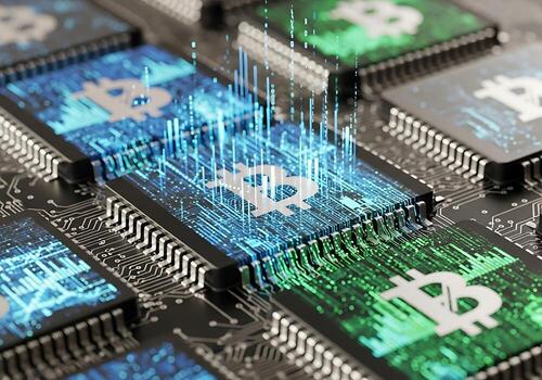 Decentralized Digital Currency Abstract Bitcoin Crypto Mining on Blockchain Circuit Board with Glowing Data Streams photo