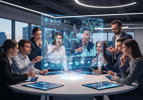 Business Team Collaborating on Futuristic Financial Data Visualization with Interactive Holographic Display photo