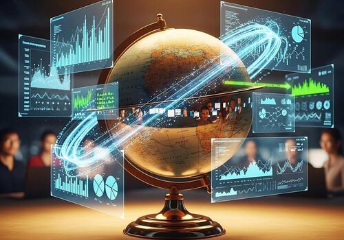 Global Data Analytics Business Intelligence Futuristic Globe with Digital Charts and Team photo