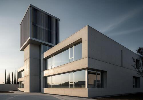 Modern Concrete Architecture Building with Large Windows and Tower Element at Sunset photo