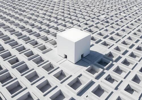 Unique Modern Architecture Cube Structure Isolated Against a Grid photo