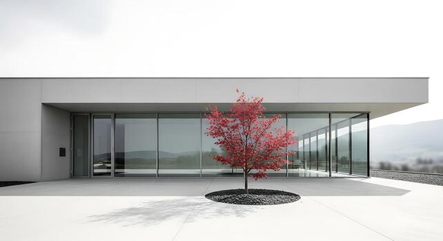 Modern Architecture with Red Tree Minimalist Design and Contrasting Elements photo