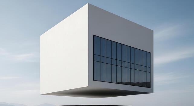Modern Minimalist Cube Building with Glass Windows Floating in the Sky Architecture Concept photo