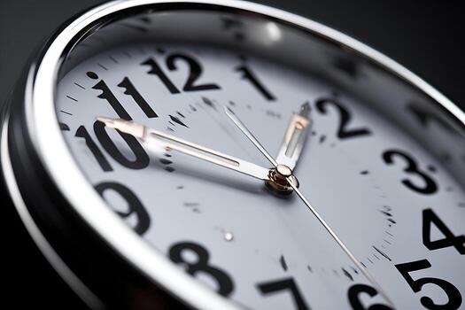 Dynamic close-up of a classic analog clock with a silver chrome frame and bold numbers. photo