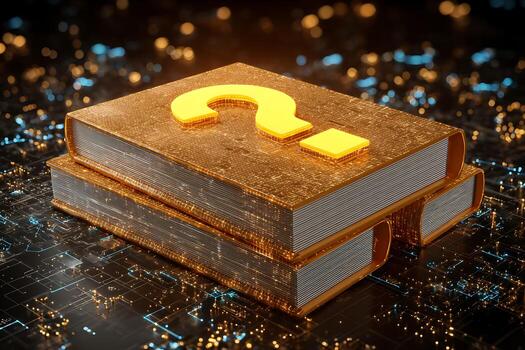 Enigma of Digital Knowledge, Luminous Question Mark on Golden Circuit-Patterned Books photo
