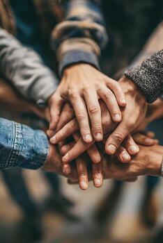 Diverse Hands Interlocked in a Powerful Symbol of Unity, Teamwork, and Support. photo