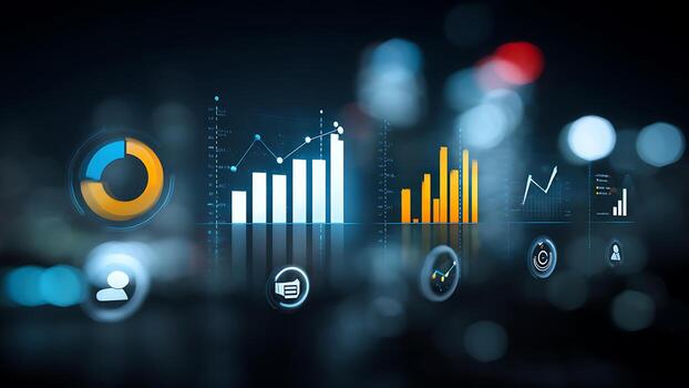 Glowing Holographic Business Dashboard with Dynamic Data Charts and Bokeh Lights photo