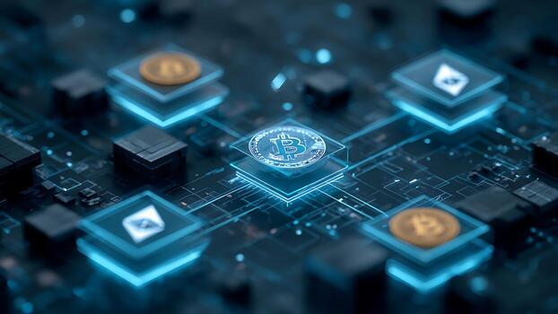 Glowing Bitcoin and crypto coins on a digital circuit board, symbolizing blockchain technology and financial networks. photo