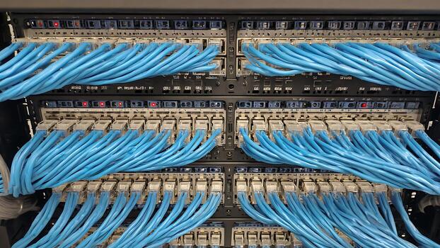 Symmetrical Array of Blue Network Cables Connected to a Data Center Switch with Active LED Lights photo