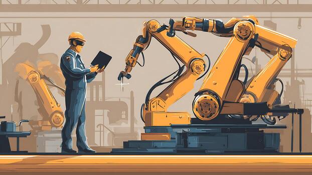 Engineer with Tablet Calibrating Large Yellow Robotic Arms in a Stylized Factory Setting photo